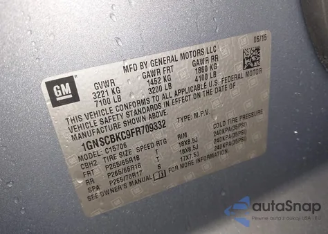 2015 Chevrolet Tahoe Lt z USA, uszkodzony, nr VIN 1GNSCBKC9FR709332